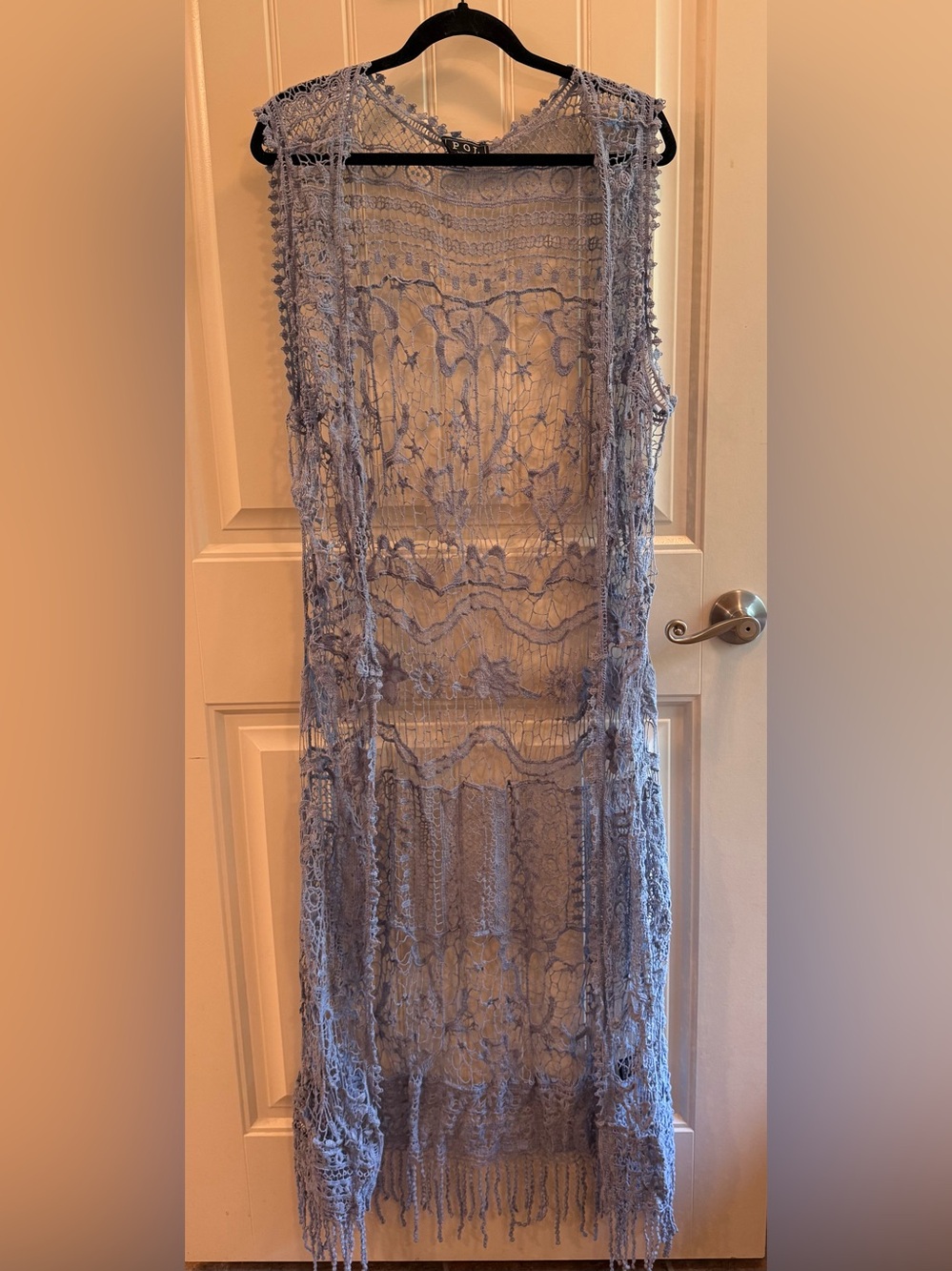 Lace Crochet Sleeveless Duster Vest - Light Blue